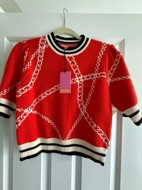 THML Red Chain-Print Crewneck Sweater with Contrast Trim